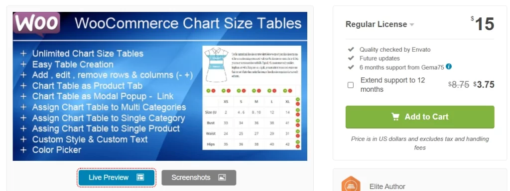 WooCommerce Product Chart Size Table