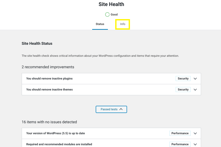 wordpress site health info